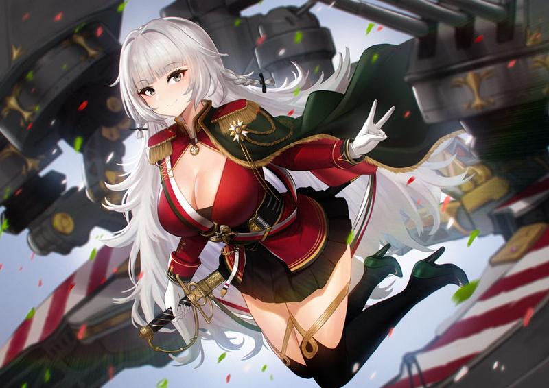 skirt, weapon, white hair, uniform, 720P, cleavage, gray eyes, long hair, Vittorio Veneto (Azur Lane), sword, thighs