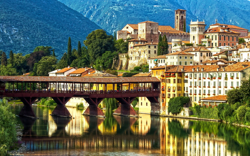 plant, bridge, white, building, nature, architecture, reflection, day, Alpinis bridge, transportation, building exterior, Brenta River, city, river, promenade