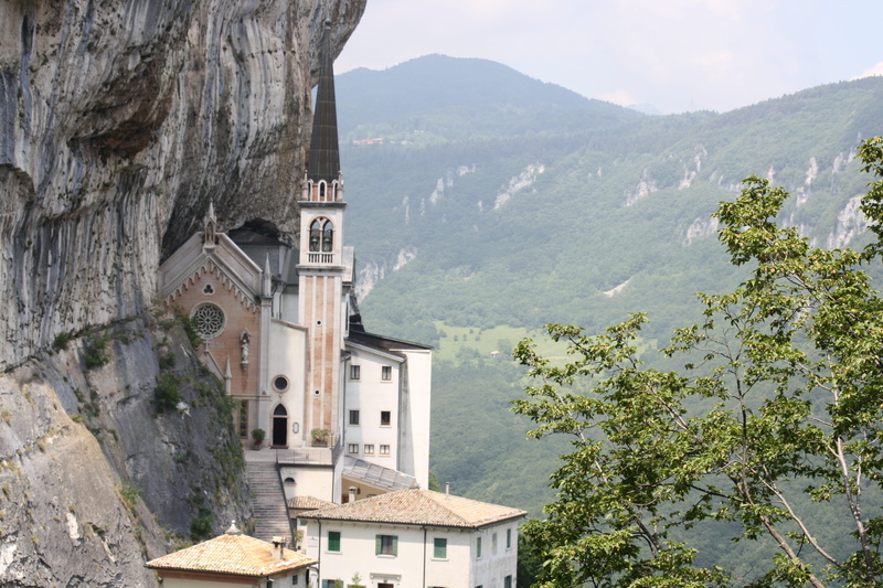 tower, place of worship, nature, spirituality, plant, architecture, mountain, tree, italy, belief, madonna della corona, building exterior, outdoors, veneto