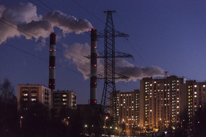 photos, cityscape, smoke stack, wire, industrial district, power plant, night, tall - high, air pollution, industry, fumes, 2K, no people, office building exterior