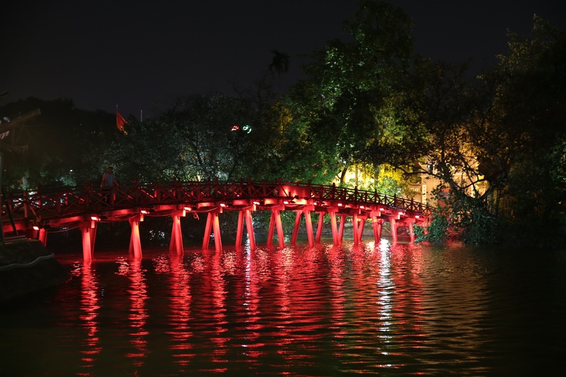 river, connection, no people, 1080P, waterfront, red, water, architecture, viet nam, built structure, hanoi, night, outdoors, reflection, plant, nature