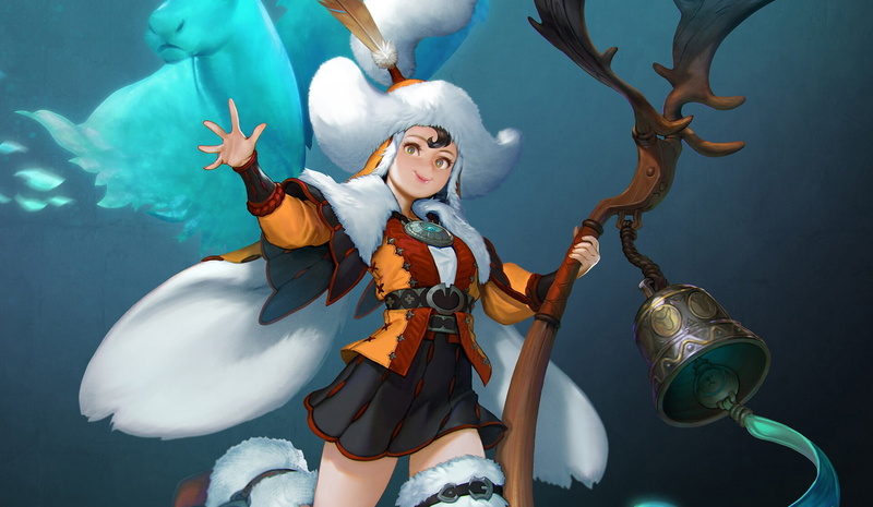 gesture, white fur, 1080P, bell, ushanka, priestess, boots, reindeer, by Kyoung Min Yoo, a magical artifact, staff, shaman, horns, girl, strap