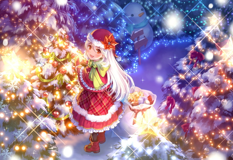 lights, hat, girl, boots, fur, smile, scarf, winter, Christmas decorations, 1080P, Christmas tree, snowman, ruffles, index, a bag with gifts, the evening