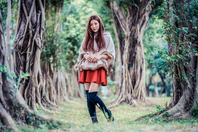 brunette, knee-high boots, fur coats, long hair, Asian, model, red skirt, grass, trees, women, 4K