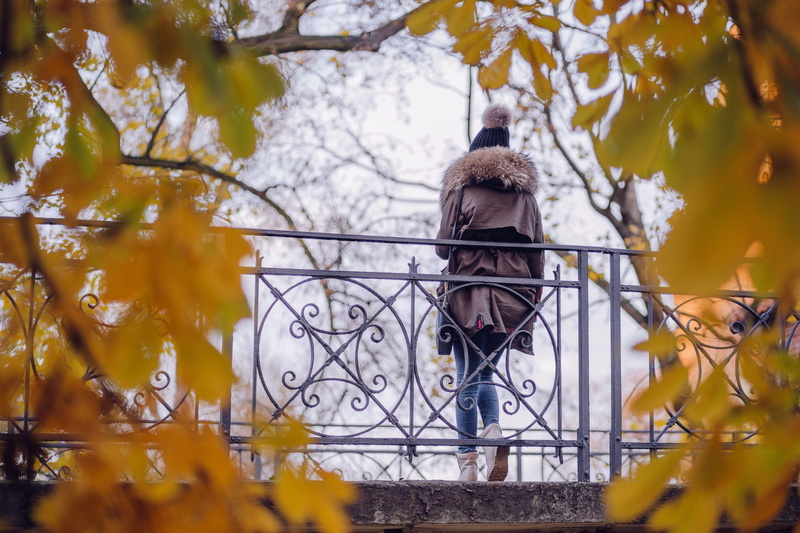 clothing, blogger, denim, fashion, adult, fur, full length, leaf, autumn, coat, boots, tree, outdoors, plant part, selective focus, wearing, casual, nature