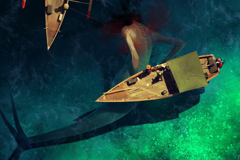 tail, fishing rods, Sergey Kolesov, 1080P, from the back, large, fishermen, mermaid, boats, art, shoal, the view from the top