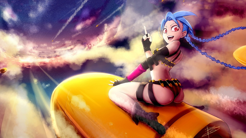 shell, cartridges, Jinx, 1080P, braids, Bicio, gesture, from the back, gloves, red eyes, League Of Legends, attack, in the sky, blue hair, boots, flight