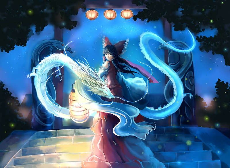 torii gate, ladder, bow, 2K, Touhou Project, Hakurei Reimu, fireflies, dragons, magic, night, sideways, from the back, Weishanzhe, art, Project East, lights