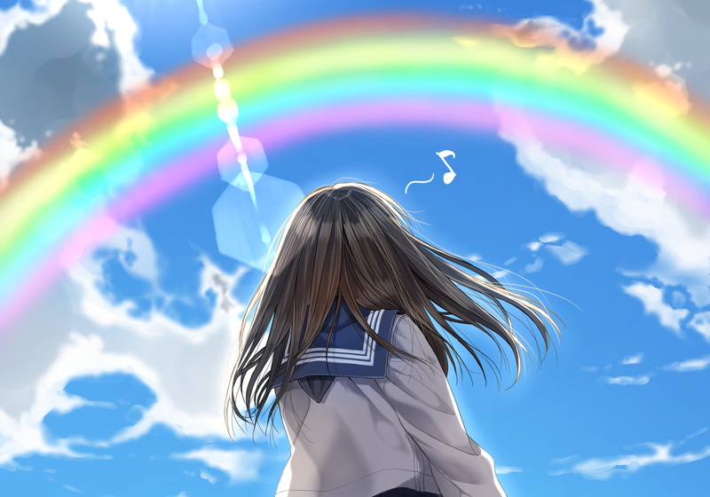 2K, blue sky, from the back, breeze, sailor, clouds, rainbow, schoolgirl