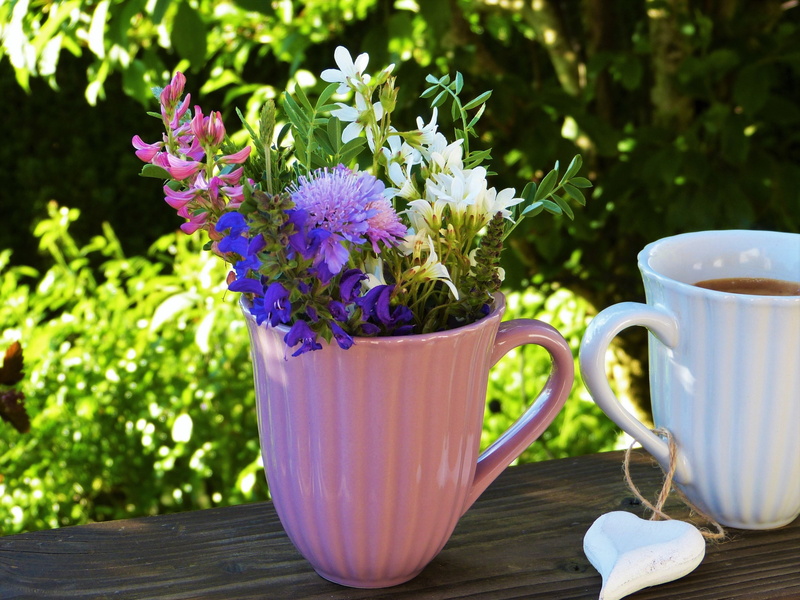 out, no people, coffee cup, nature, ceramic, pot, outdoors, wood - material, purple, bio, morning, time, wildflowers, focus on foreground, flowers, vulnerability