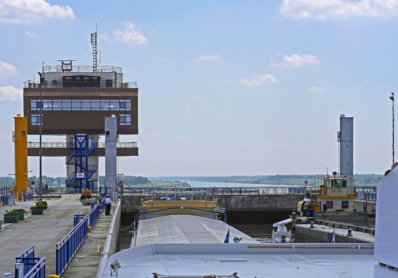 passenger craft, slovakia, pier, lock chamber filled, from gabcikovo to bratislava, outdoors, building exterior, machinery, mode of transportation, nature