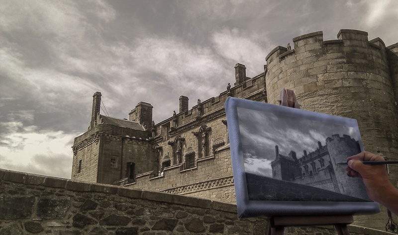 tower, middle ages, scotland, building, shadow, outdoors, cloud - sky, easel, places of interest, building exterior, grey, sky, draw, castle, background