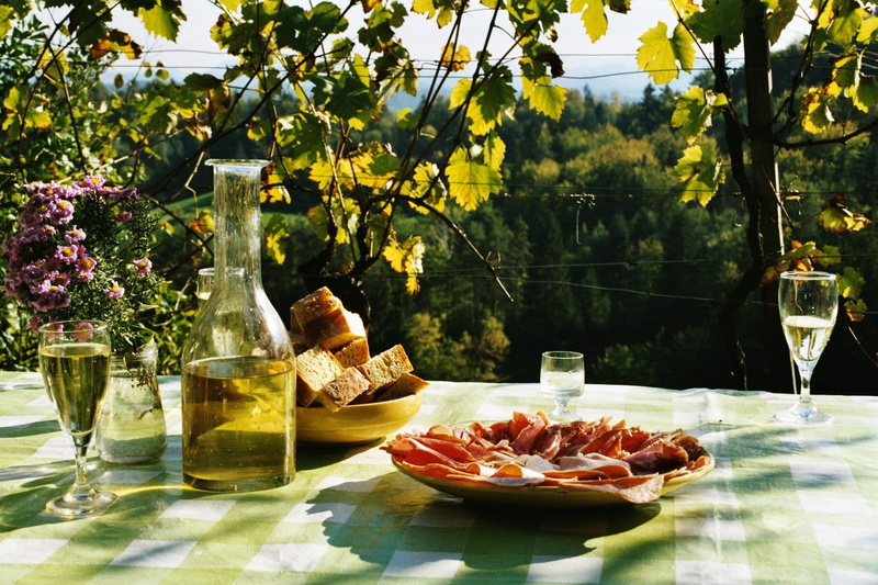 wellbeing, bottle, sunlight, flower head, wine glasses, food, sliced, plate, break, eat, wine, vase, tree, day, picnic, flower, outdoors, drink, flowering plant