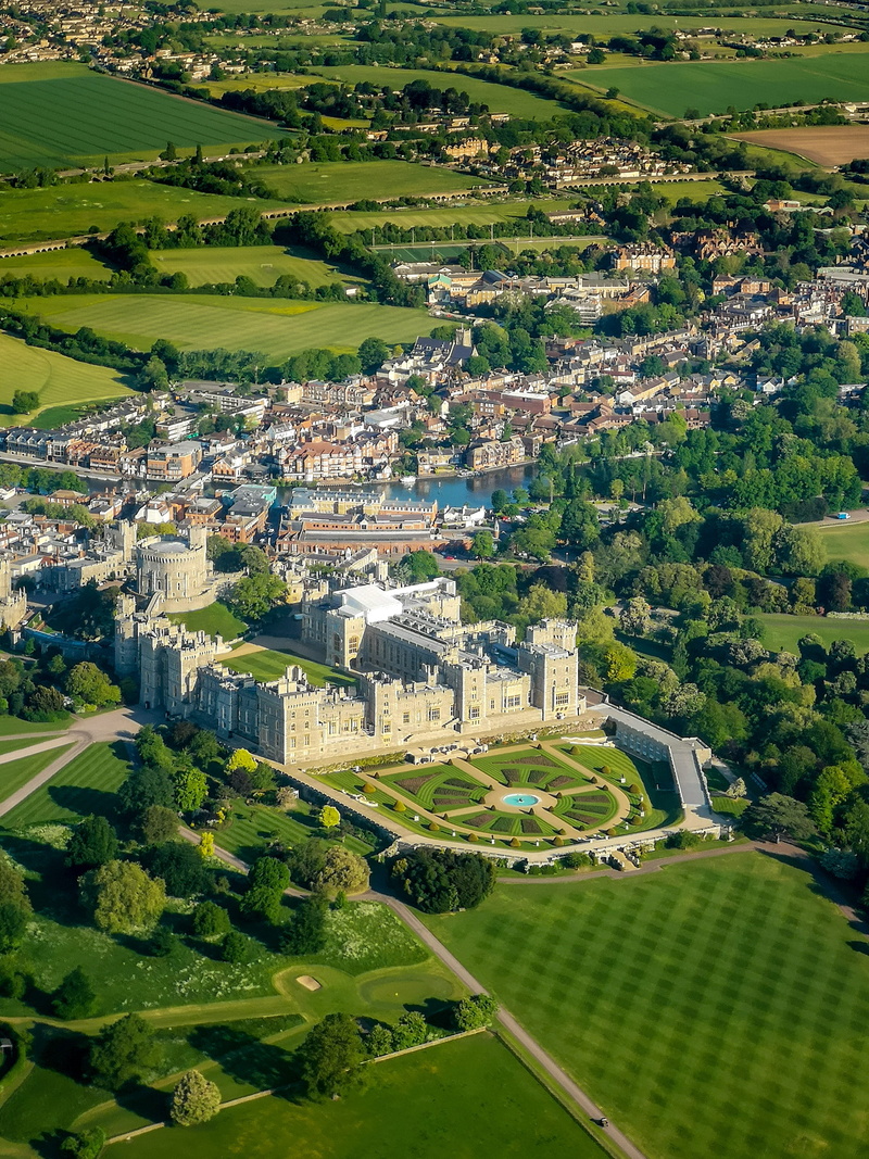 high angle view, windsor, 2K, patchwork landscape, green color, environment, field, landscape, nature, tree, built structure, united kingdom, land, plant