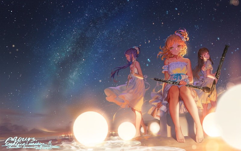 anime girls, fun, Love Live! Sunshine, water, outdoors, sky, leisure activity, artwork, land, digital art, group of people, child, illuminated, sea, night