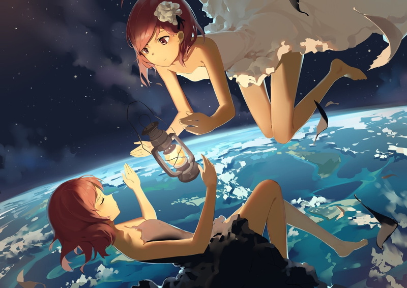space, anime girls, people, anime, young adult, characters, real people, Love Live!, 720P, red, animal wildlife, flowers, sea, two, women, sunlight, swimming