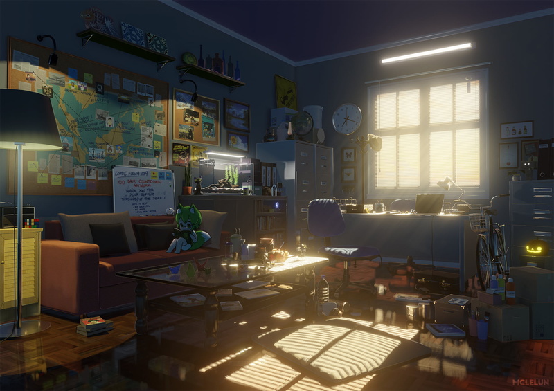 Sofa, Chair, Window, Desk, Green Hair, World Map, Table, Anime, Animal Ears, Book, Light, 1080P, Aquarium, Box, Sunshine, Original, Computer, Clock, Room