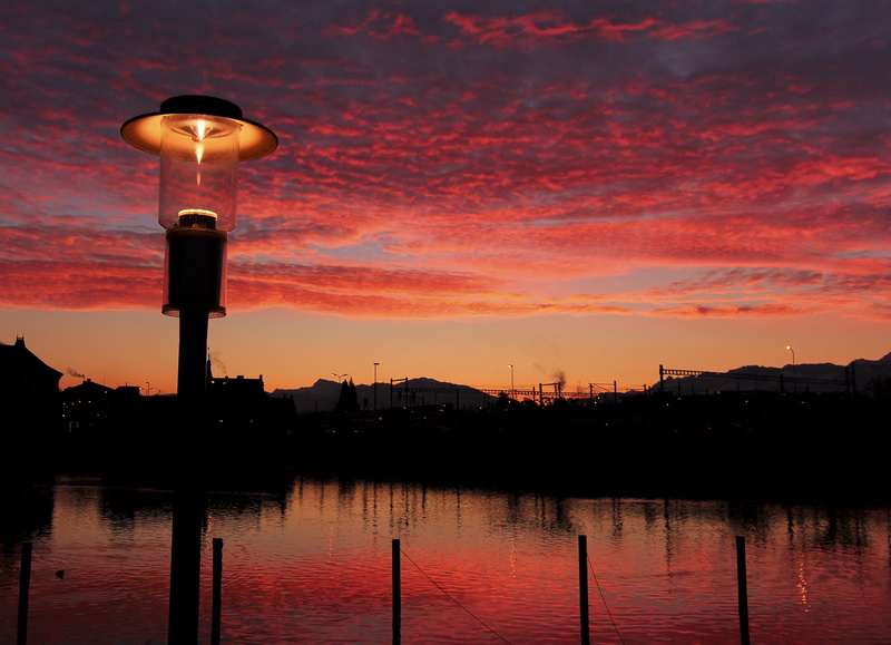 dämmerung, night, lake, nature, illuminated, evening mood, abend, morgenstimmung, rapperswil, street light, lake zurich, wasser, rot, sunset, waterfront