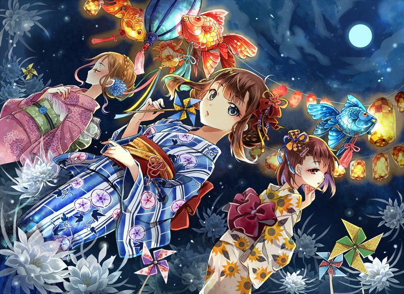 Night, Festival, Ribbon, Yukata, Fish, Aqua Eyes, Latern, Anime, Moon, Original, Flower, 1080P, Kimono