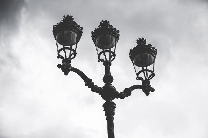 retro styled, day, black and white, france, tree, latern, outdoors, city, sky, nature, old, electric light, 5K, lighting equipment, illuminated, gas light