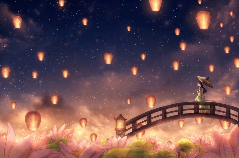 Umbrella, 1080P, Flower, Original, Bridge, Light, Girl, Anime, Latern, Stars, Night