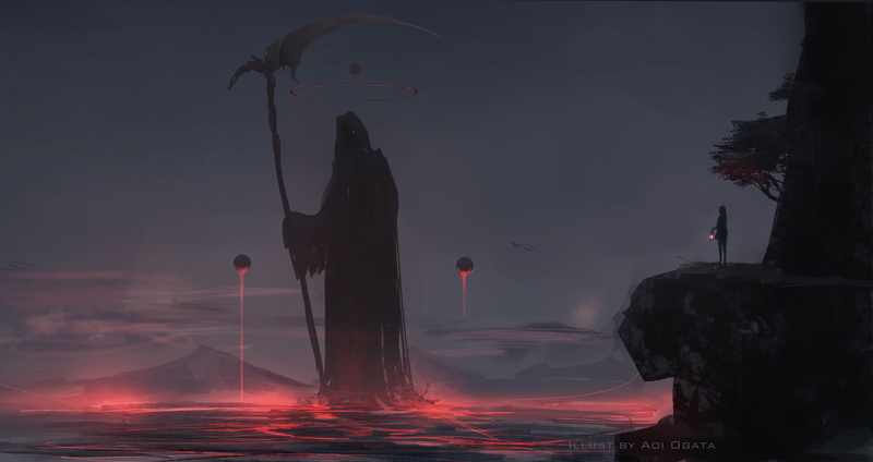 Night, 2K, Original, Latern, Lake, Moon, Scythe, Anime, Tree, Girl