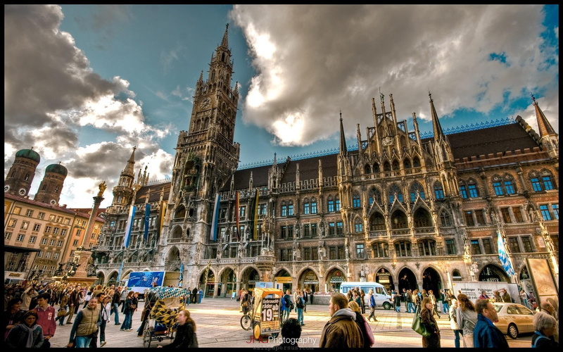 people, munich, nature and landscapes, plaza, cathedral, clouds, 1080P, marienplatz