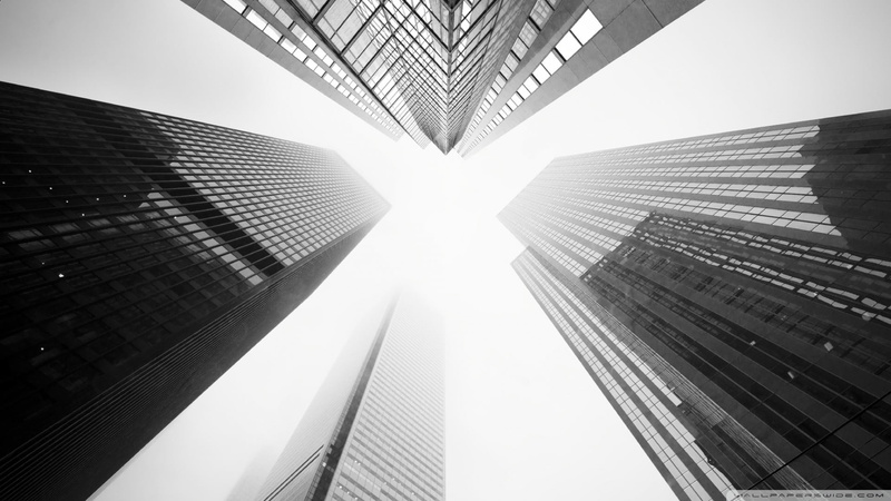 financial district, tall - high, worms eye view, architecture, building, alloy, office building exterior, low angle view, grayscale, 1080P, outdoors, finance