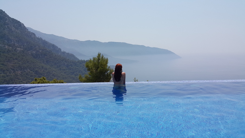 5K, woman, rear view, sea, travel, blue, mountain range, girl, model, eternity, female, relaxation, scenics - nature, swimming, landscape, green, daytime