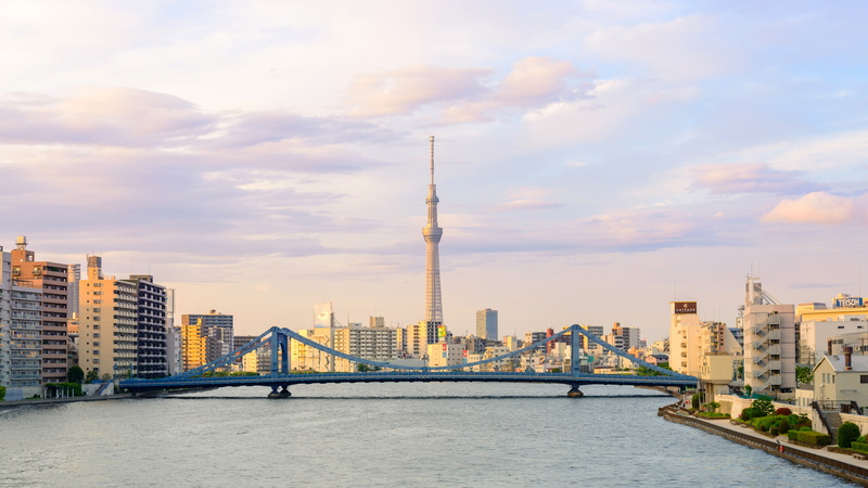 sunlight, architecture, city, tower, 4K, Japan, bridge, building, Skytree, river, clouds, Tokyo, Cityscape