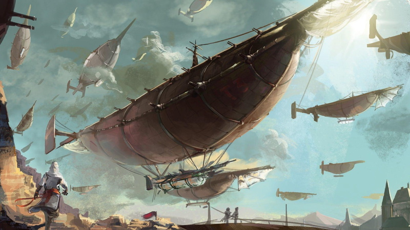 steampunk, cloud, blimp, blimps, brown, 1080P, fantasy, 1920x1080