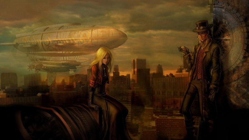 couple, building, fantasy, woman, 1080P, man, 1920x1080, blimp, waiting, illustration, steampunk, city, outdoors