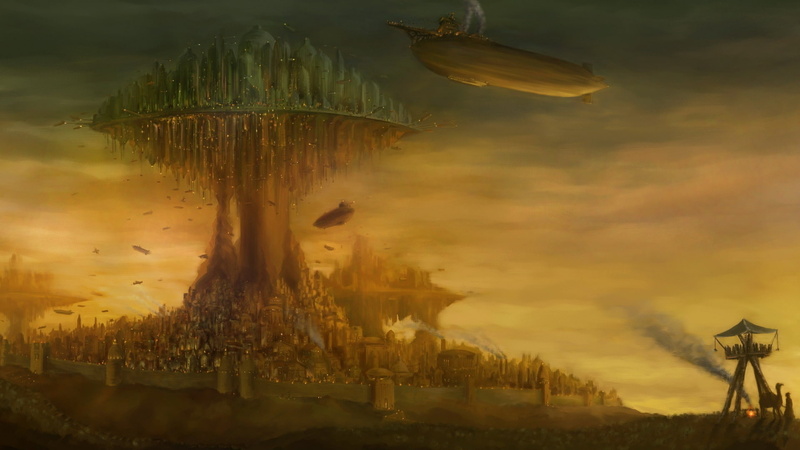 city, drawing, 1080P, fantasy, steampunk, blimp