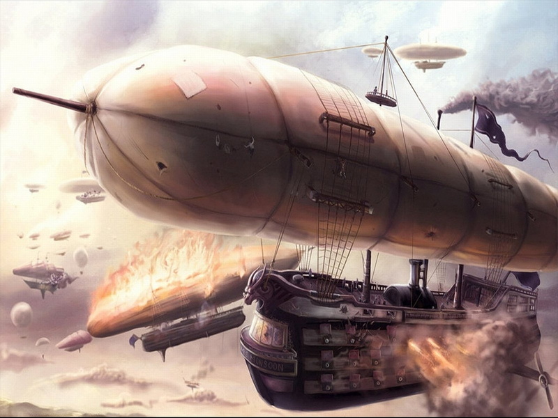 Blimp, 720P, ship, airplane, art, artwork, aircraft, fantasy, Steampunk