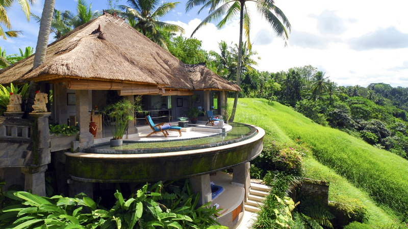 resort, terrace, house, ubud, palm tree, 1080P, tree, plant, day, roof, bali, nature, no people, growth, green color, sky, swimming pool, water, villa