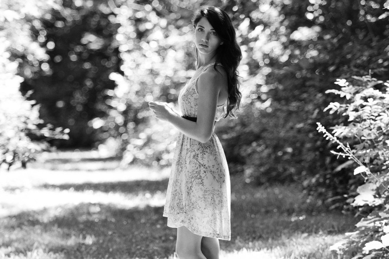 Emily Rudd, looking at viewer, 720P, women, dress, monochrome, women outdoors