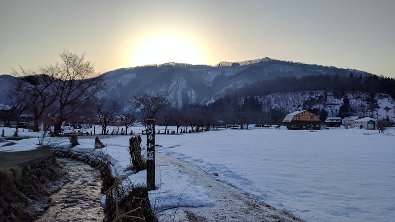 scenics - nature, japan, snow, asahi, brook, nature, winter, snowmelt, outdoors, plant, sky, morning, frozen, sun, sunlight, mountain, snow country, cold temperature