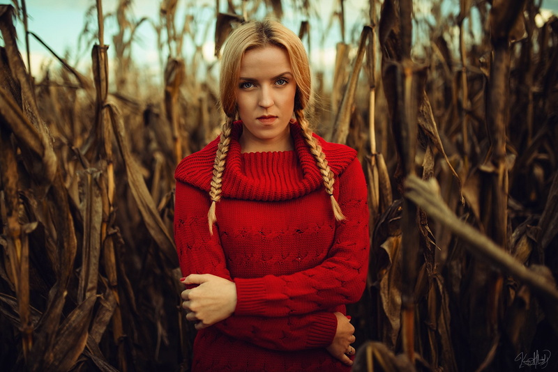 pigtails, red, women, Kaan Altindal, 1080P, women outdoors, blonde, sweater dress, plants, blue eyes, cornfield