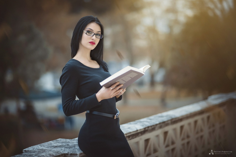 books, portrait, women with glasses, black hair, model, 1080P, women outdoors, women, black dress, Agelos Tzitzifopoulos