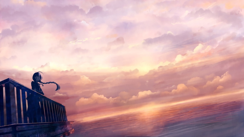 dramatic sky, scenics - nature, horizon, balcony, orange color, no people, outdoors, clouds, 1080P, anime girls, ponytail, water, sunset, low angle view