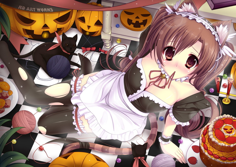 animal, blush, halloween, cat, thighhighs, original, maid, caidychen, ears, tail, 1080P, cleavage, cake
