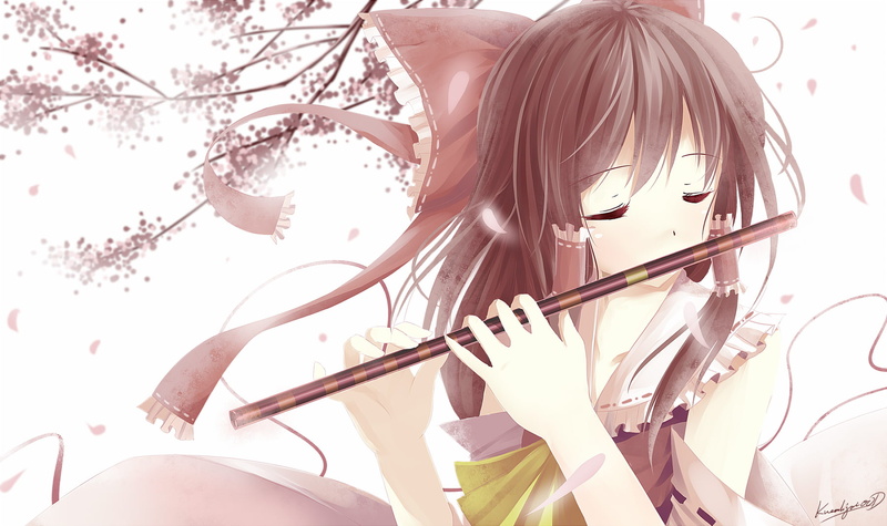flute, japanese, long, clothes, 720P, miko, reimu, brown, ribbons, hair, hakurei, caidychen, touhou, instrument