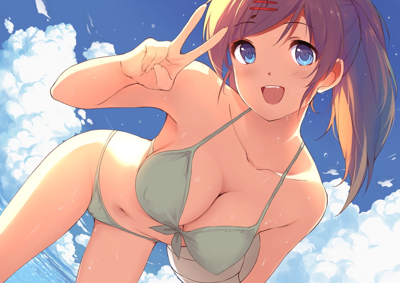 breasts, fang, wet, caidychen, long, water, navel, yuzuru, swimsuit, brown, fujiwara, eyes, 2K, bikini, clouds, konachan, 257634, com, blue, cameltoe