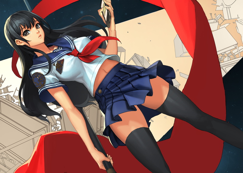 Ake (Cherrylich), black hair, legs, miniskirt, long hair, anime girls, 4K, black eyes, original characters, thigh-highs, school uniform