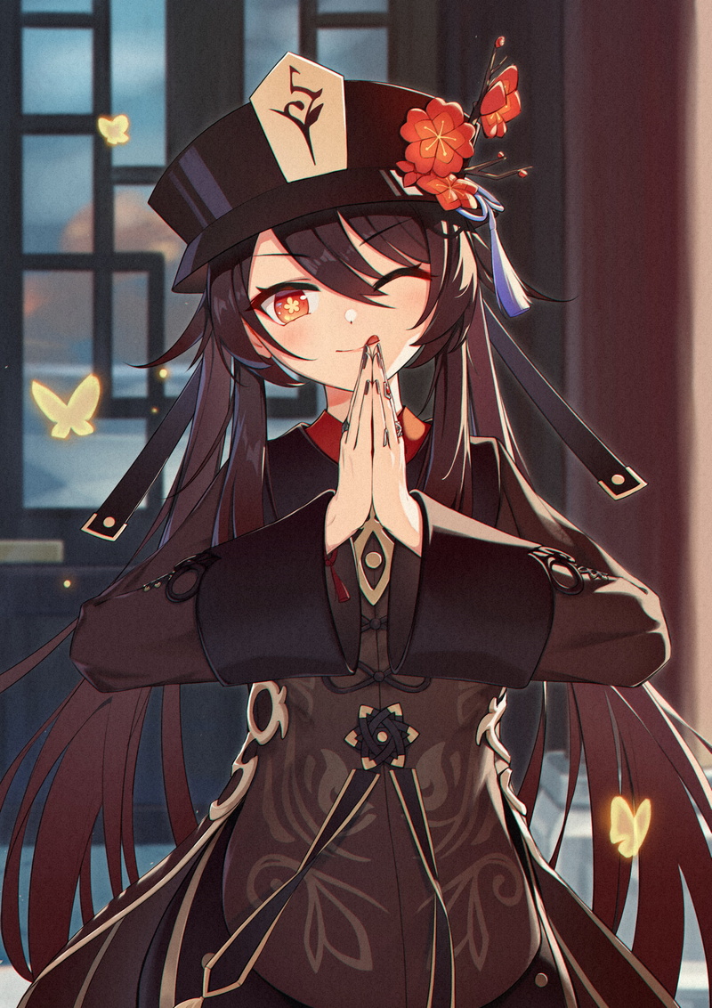 2K, Genshin Impact, Hutao(Genshin Impact), anime girls, winking