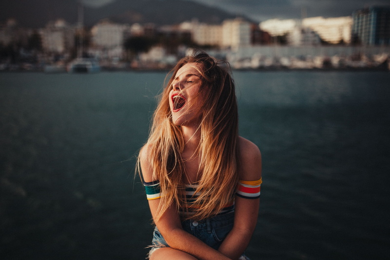1080P, closed eyes, jean shorts, women, blonde, open mouth