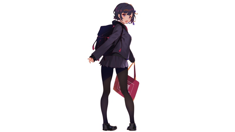 schoolgirl, white background, short hair, open mouth, minimalism, tights, 1080P, anime, simple background, anime girls, manga, brunette, legs
