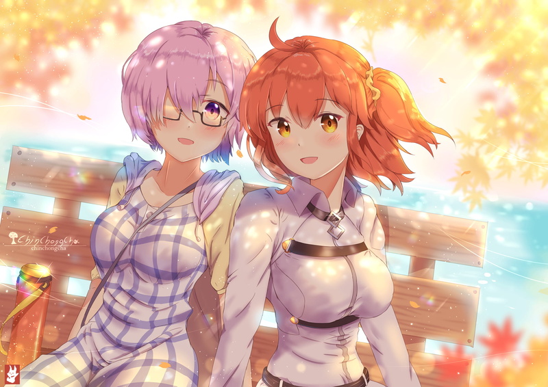 Short Hair, Blush, Purple Eyes, Fate/Grand Order, Glasses, Anime, 1080P, Girl, Orange Eyes, Fate Series, Fujimaru Ritsuka, Mashu Kyrielight, Purple Hair