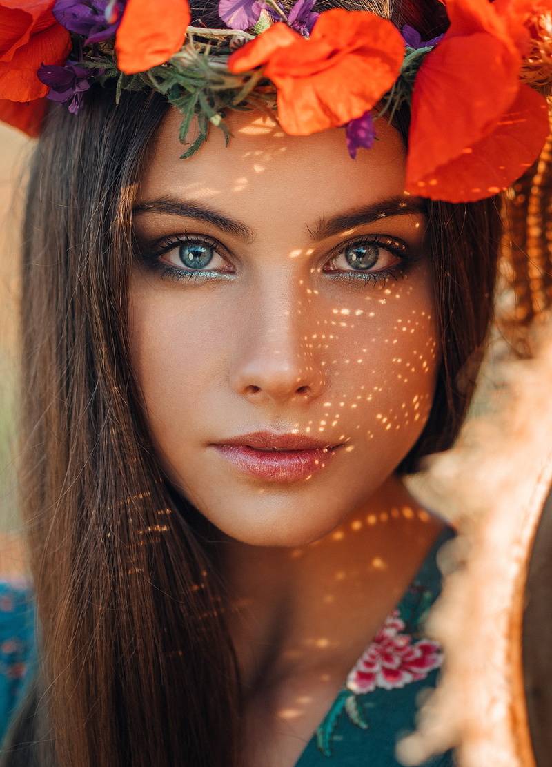 beauty, red, laurel wreath, brown hair, young adult, make-up, close-up, long hair, portrait, young women, beautiful people, beautiful woman, Evgeny Freyer