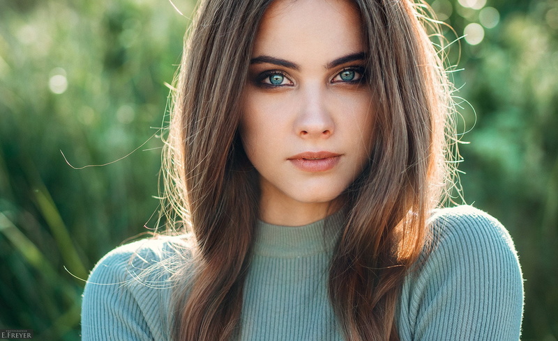 1080P, face, beautiful woman, headshot, front view, adult, Katya, blue sweater, nature, long hair, young adult, human face, one person, lifestyles, human hair